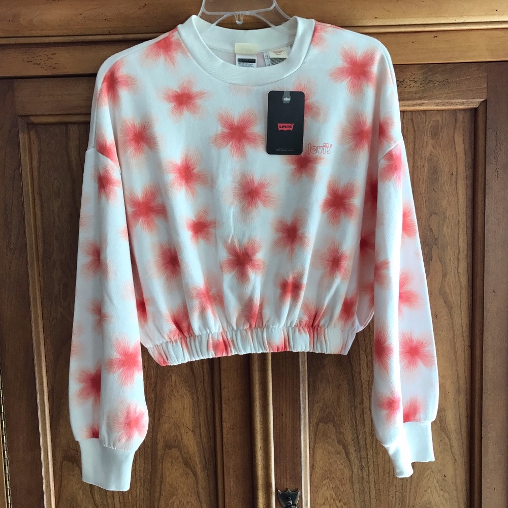 Levi's Cropped Sweatshirt Off White & Coral Orange Print Small